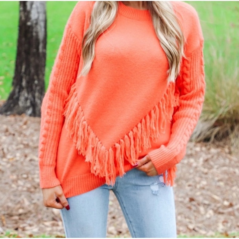 BIBl Darling State of Mind Precious Gem Fringe Sweater S Orange Halloween NWT